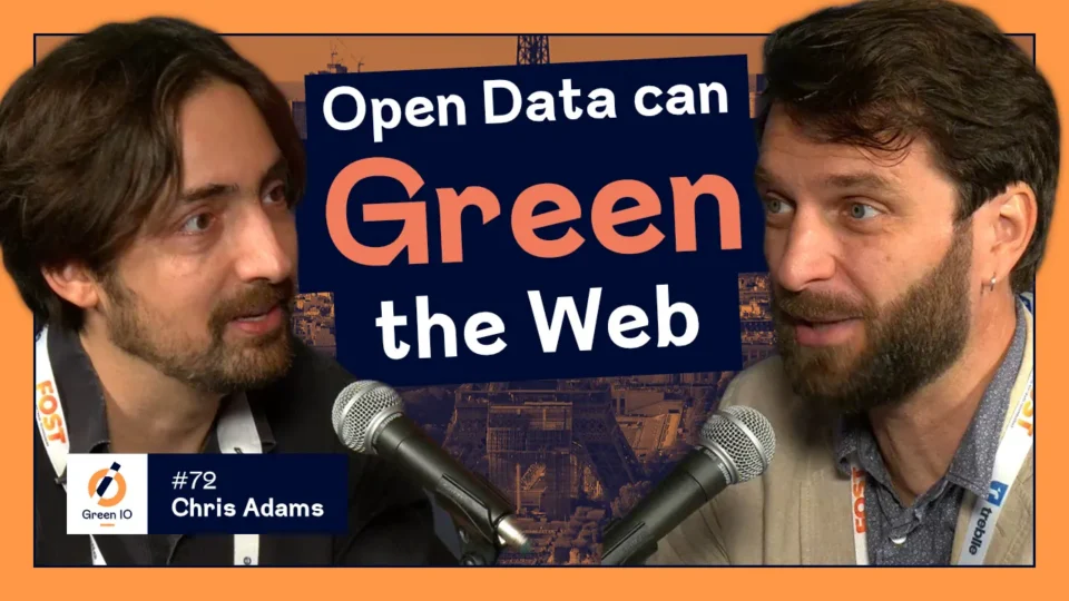 A thumbnail image, featuring two men in conversation, smiling, accompanied by the title 'Open Data can Green the Web'.
