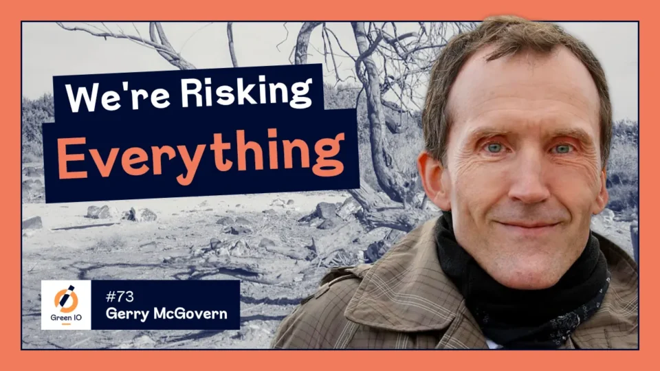 A thumbnail image, of a concerned looking man, standing in front of a wilted tree, accompanied by the text 'We're Risking Everything'.